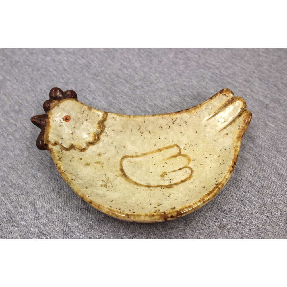 Vintage Ceramic Chicken Hen Utensil Dish Tan Rustic Farmhouse Speckled Glaze
